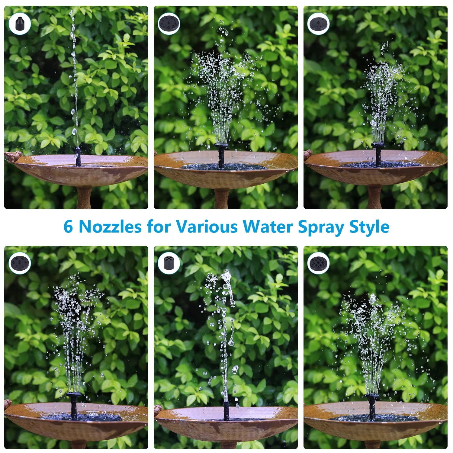 Solar Fountain Pump with 1500mAh Battery - 3.5W Floating Water Pump for Bird Baths with 6 Nozzles