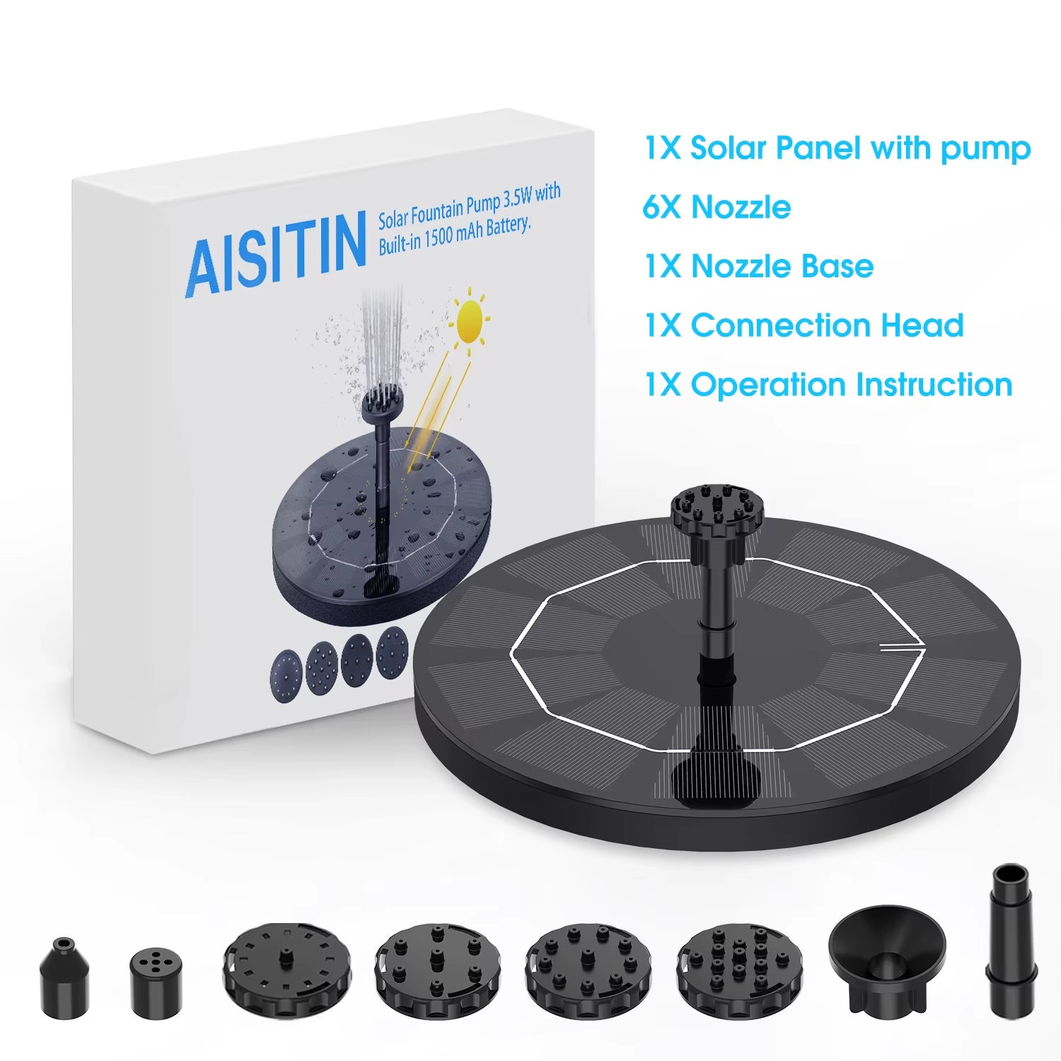 Solar Fountain Pump with 1500mAh Battery - 3.5W Floating Water Pump for Bird Baths with 6 Nozzles