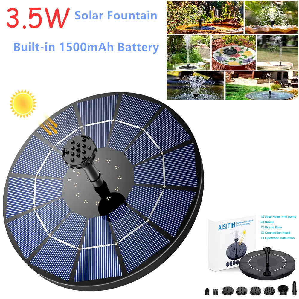 Solar Fountain Pump with 1500mAh Battery - 3.5W Floating Water Pump for Bird Baths with 6 Nozzles
