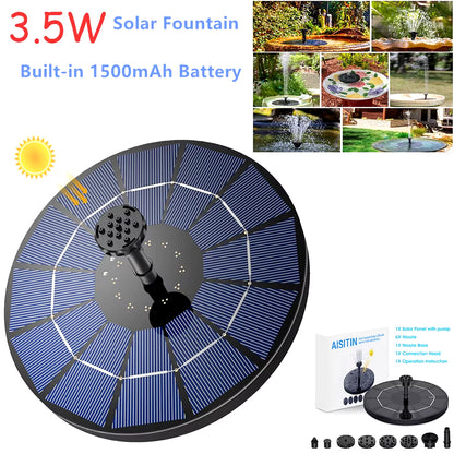 Solar Fountain Pump with 1500mAh Battery - 3.5W Floating Water Pump for Bird Baths with 6 Nozzles